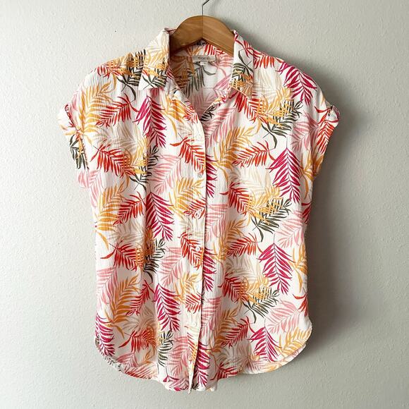 LOFT 100% cotton cap sleeve button down palm leaf top women's size large - Picture 2 of 9